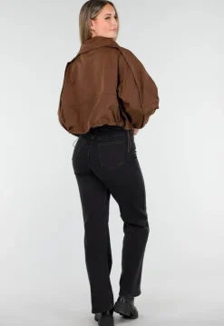 Bruine Cropped Windbreaker Jas met Brede Kraag