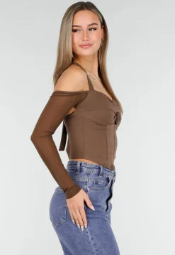 Bruine Crop Top met Gedraaide Voorzijde