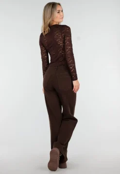 Bruine Crop Top met Kant en Lange Mouwen