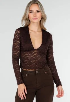 Bruine Crop Top met Kant en Lange Mouwen