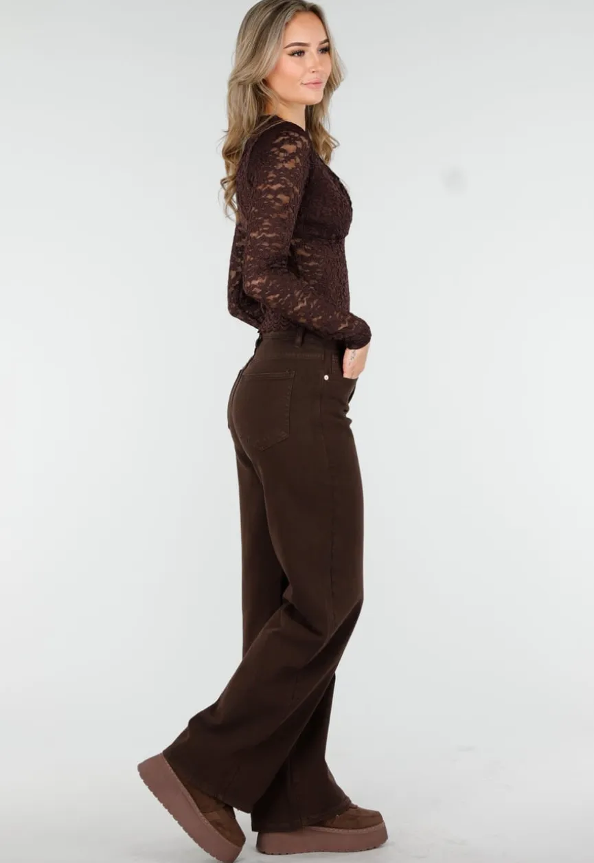 Bruine Crop Top met Kant en Lange Mouwen