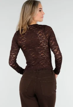 Bruine Crop Top met Kant en Lange Mouwen