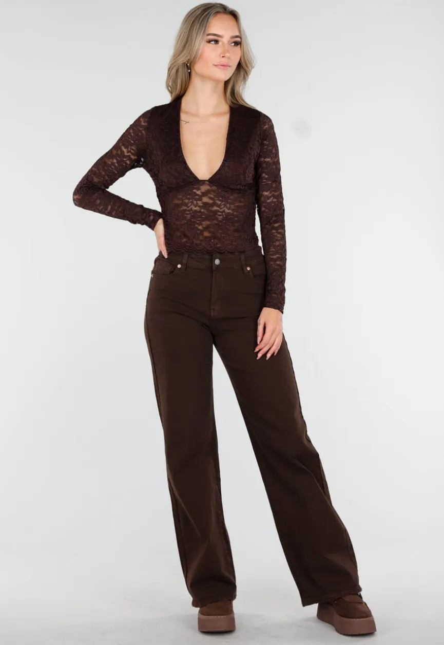 Bruine Crop Top met Kant en Lange Mouwen