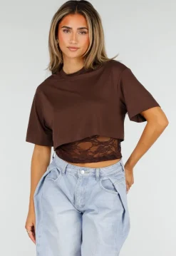 Bruine Crop Top met Kanten Taille en Korte Mouwen