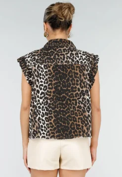 Bruine Denim Gilet met Panterprint en Ruffle Mouwen