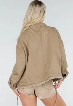 Bruine Denim Jas met Klepzakken, Trekkoord en Knoopsluiting