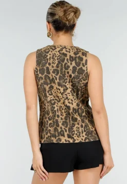 Bruine Denim Leopard Print Top met Striksluiting en Mouwloos Model