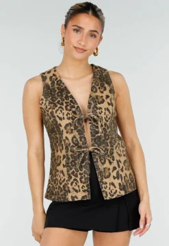 Bruine Denim Leopard Print Top met Striksluiting en Mouwloos Model