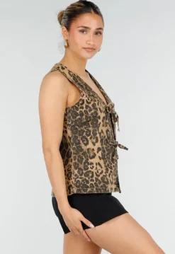 Bruine Denim Leopard Print Top met Striksluiting en Mouwloos Model