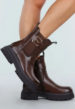 Bruine Enkelboots met Chunky Zool en Goudkleurige Gesp