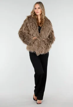Bruine Fluffy Jas met Lange Haren en Losvallende Pasvorm