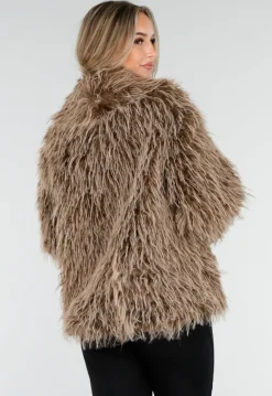 Bruine Fluffy Jas met Lange Haren en Losvallende Pasvorm