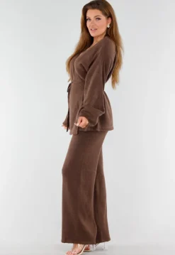 Bruine Gebreide Set met Overslag Top en Wijde Broek