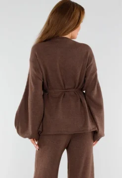 Bruine Gebreide Set met Overslag Top en Wijde Broek