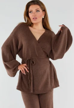 Bruine Gebreide Set met Overslag Top en Wijde Broek