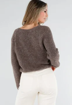 Bruine Gebreide Twist Crop Trui met Lange Mouwen en V-Hals
