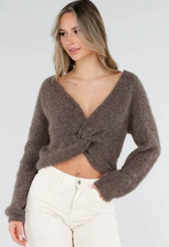 Bruine Gebreide Twist Crop Trui met Lange Mouwen en V-Hals
