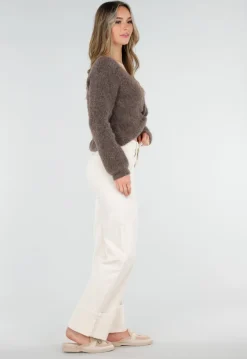 Bruine Gebreide Twist Crop Trui met Lange Mouwen en V-Hals