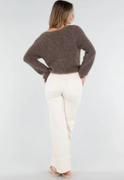 Bruine Gebreide Twist Crop Trui met Lange Mouwen en V-Hals