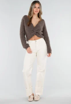 Bruine Gebreide Twist Crop Trui met Lange Mouwen en V-Hals