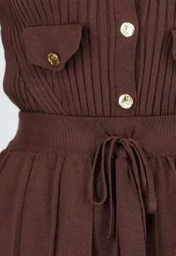 Bruine Geribde Stretch Two Piece Set met Plooirok