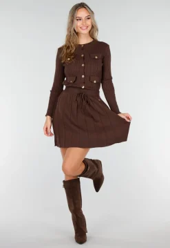 Bruine Geribde Stretch Two Piece Set met Plooirok