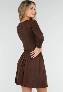 Bruine Geribde Stretch Two Piece Set met Plooirok