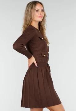 Bruine Geribde Stretch Two Piece Set met Plooirok