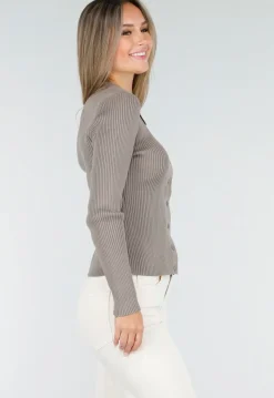 Bruine Geribde Vest Top met Knopen