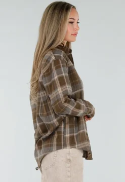Bruine Geruite Blouse met Lange Mouwen en Iconic Club Tekst