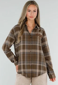 Bruine Geruite Blouse met Lange Mouwen en Iconic Club Tekst