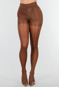 Bruine Glanzende Panty met Hoge Taille en Corrigerend Effect