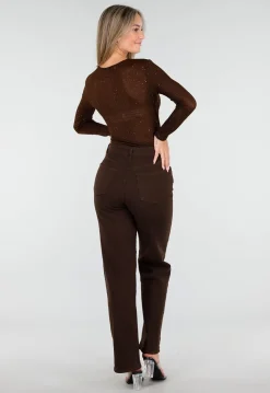 Bruine Glitter Body met Lange Mouwen en V-Hals