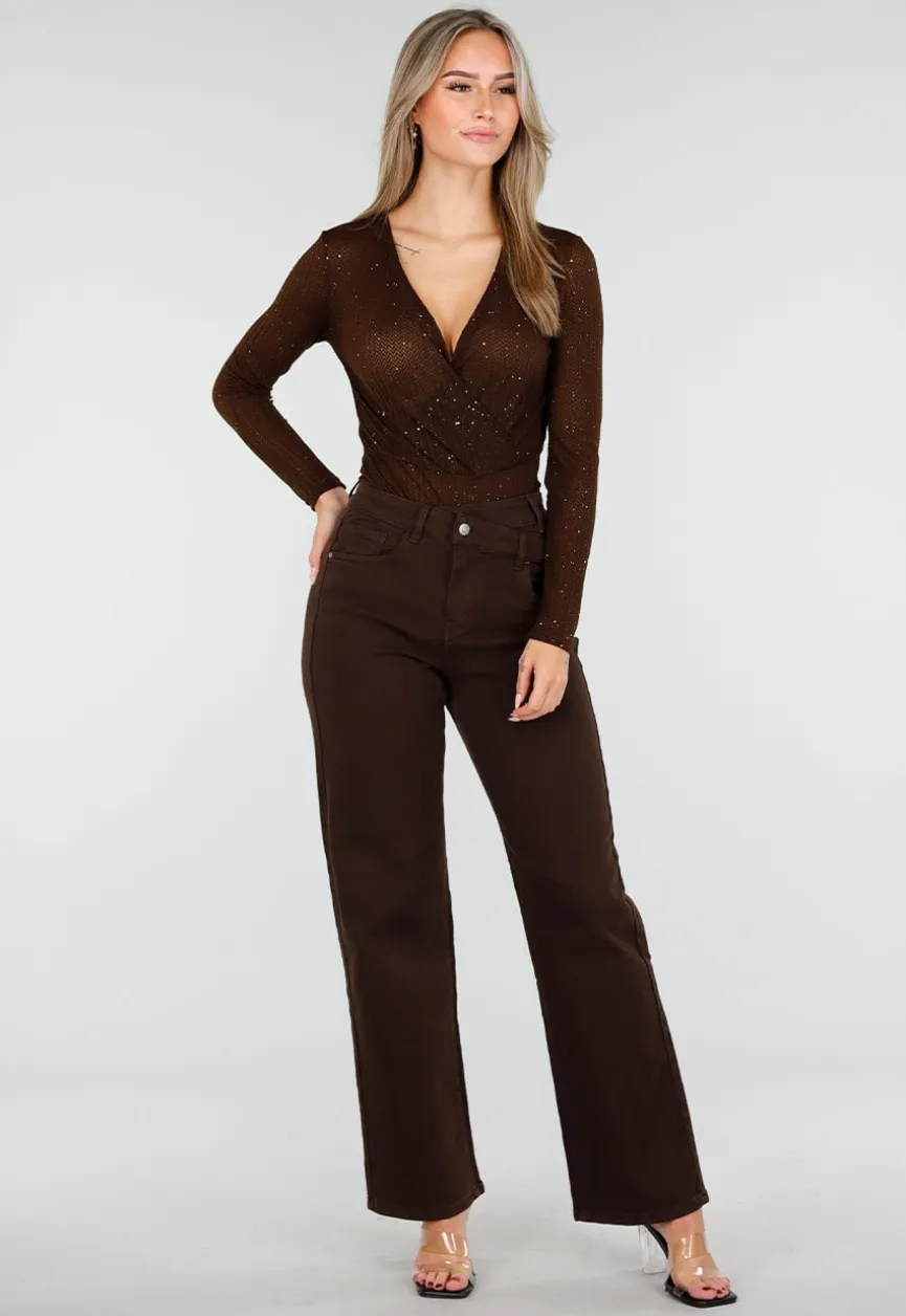 Bruine Glitter Body met Lange Mouwen en V-Hals