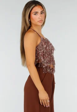 Bruine Glitter Top met Pailletten Franjes en Spaghettibandjes