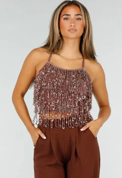 Bruine Glitter Top met Pailletten Franjes en Spaghettibandjes