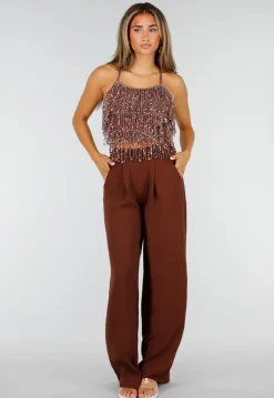 Bruine Glitter Top met Pailletten Franjes en Spaghettibandjes