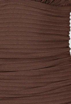 Bruine Halter Badpak met Ribstructuur en Diepe V-Hals