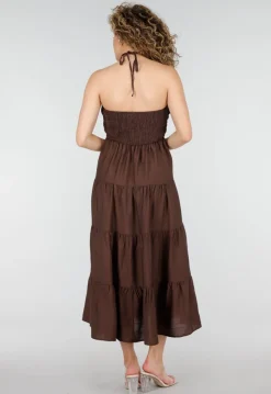 Bruine Halter Midi Jurk met Open Rug
