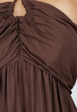 Bruine Halter Midi Jurk met Open Rug