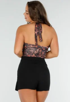 Bruine Haltertop met Luipaardprint en Rimpeldetails
