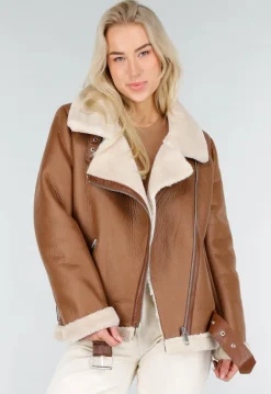 Bruine Imitatie Leren Biker Jas met Faux Fur