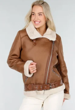 Bruine Imitatie Leren Biker Jas met Faux Fur