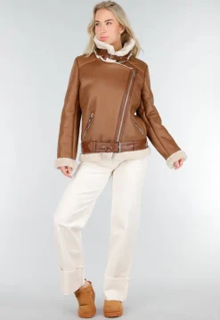 Bruine Imitatie Leren Biker Jas met Faux Fur
