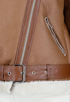Bruine Imitatie Leren Biker Jas met Faux Fur