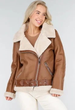 Bruine Imitatie Leren Biker Jas met Faux Fur