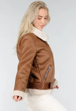 Bruine Imitatie Leren Biker Jas met Faux Fur
