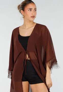 Bruine Kimono met Halflange Mouwen en Franjes