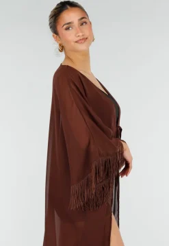 Bruine Kimono met Halflange Mouwen en Franjes