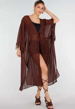 Bruine Kimono met Halflange Mouwen en Franjes